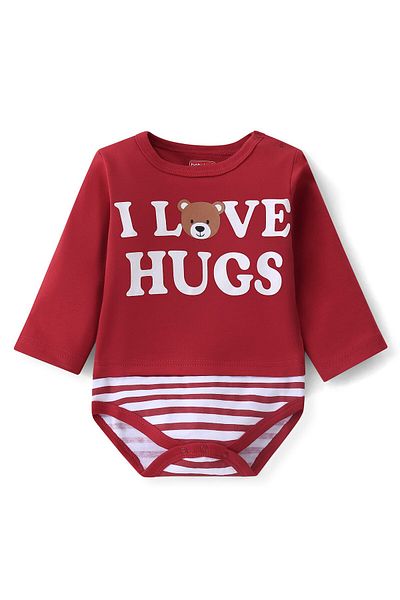 Babyhug %100 Pamuk Örme Uzun Kollu Ayı Baskılı Tek Parça Tulum - Kırmızı