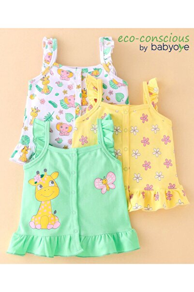 Babyoye Flutter Sleeves Vests Giraffe & Floral Print Pack of 3 - Green Yellow