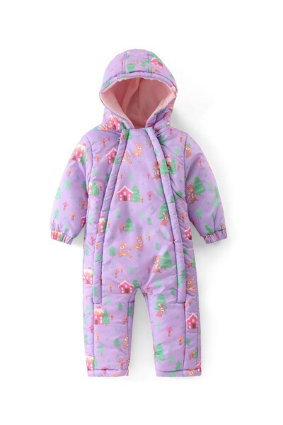Babyhug Babyhug Woven Full Sleeves Hooded  Winter Romper with Zipper Christmas Theme - Purple