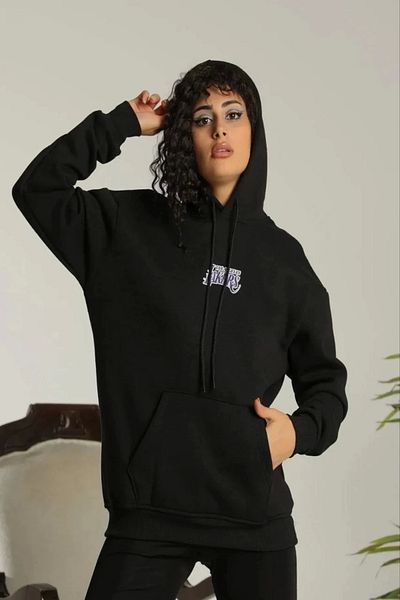 New Shine Дамски суитшърт с качулка Oversize - Черен с щампа от три нишки