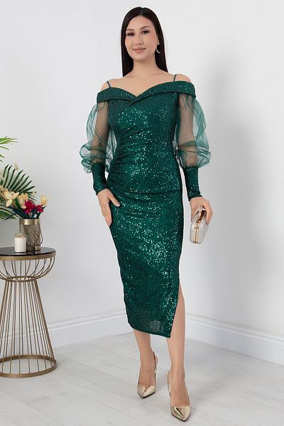 PULLIMM V-Neck Tulle Detail Sequin Dress 39939