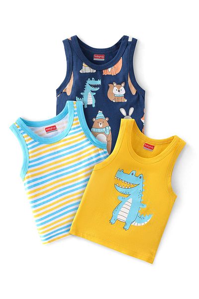 Babyhug طقم من 3 قطع من ساندويش بدون أكمام من القطن بنسبة 100% بطبعة ديناصور وخطوط - أصفر وأزرق