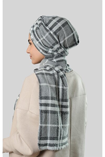 HÜRREM BONE Сірий зимовий хіджаб з підборіддям, жакардовий клітинчастий 2322_15