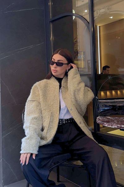 fmnbutik women's oversize cut trend pockets felt look stamped bomber jacket coat