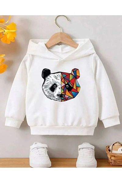 New Shine Λευκό γεωμετρικό Panda με στάμπα unisex Παιδική κουκούλα