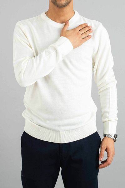 bombe Men's White Slim Fit Crew Neck Cotton Sweatshirt Knitwear Sweater
