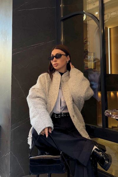 fmnbutik women's oversize cut trend pockets felt look stamped bomber jacket coat
