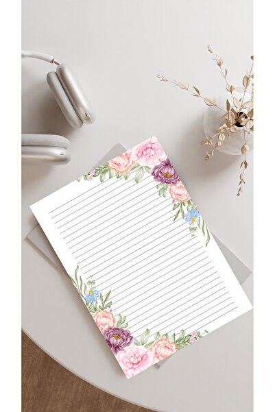 HOBİREYON 20 Adet A4 Boyutunda Çiçekli Mektup Kağıdı/Not Kağıdı (Model 10)
