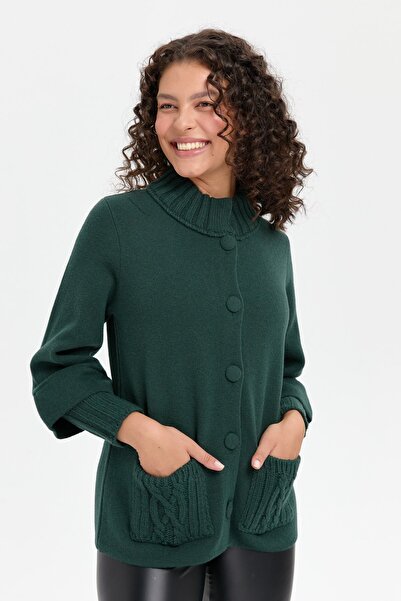 Desen Triko Πράσινο γυναικείο μάλλινο μπουφάν - γιακάς, μανίκι τριών τετάρτων