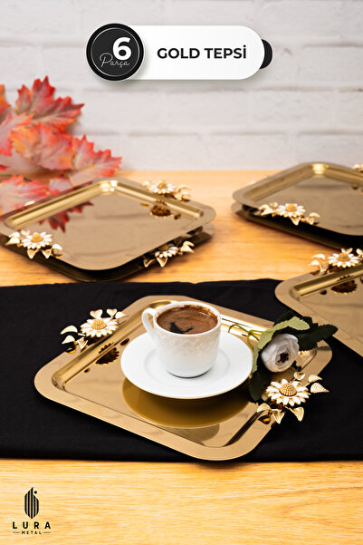 Skygo 6 Pieces Gold Plated Daisy Model Chrome Metal Coffee and Tea Presentation Tray - 22.5 cm