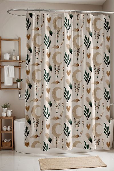 EVPANYA Κουρτίνα μπάνιου - Bohe Crescent Leaves Pattern 175x200cm, Κουρτίνα μπανιέρας