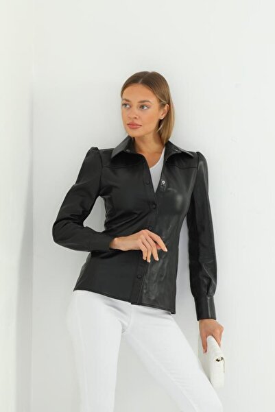Basics&More Women's Snap Button Genuine Black Leather Shirt - Sh01
