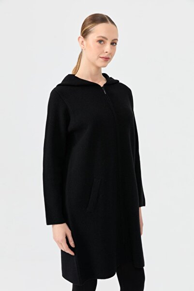Desen Triko Black Basic Long Wool Cardigan - Hooded and Zippered