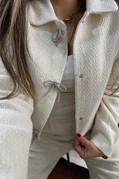 Sohotique By P Ecru Tweed Jacket - Stone Bow Detail