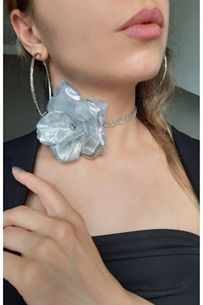 Cey's fashion Gümüş Renk Gül Kolye Gümüş Renk Choker Gül Tasma Kolye