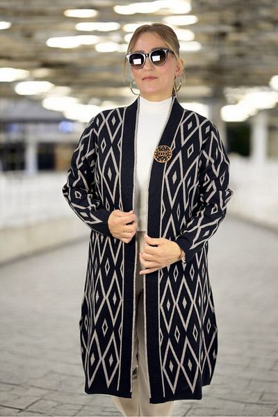 yagmurberen Baklava Patterned Broch Detailed Long Sleeve Shal Collar Large Size Knitting Cardigan