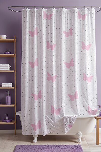 EVPANYA Banyo Perdesi, Beyaz Puantiyeli Kelebekler Desenli Duş Perdesi, Küvet...