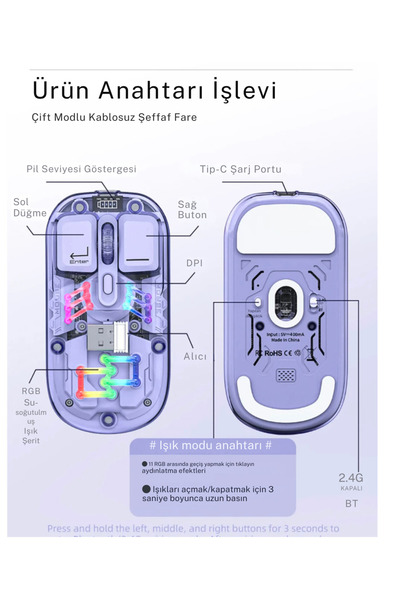 VOOKA Mouse Kablosuz Gaming Rgb Işıklı 2.4G+BT Dual Modlu Şeffaf Transparan Ofis Şık Tasarım