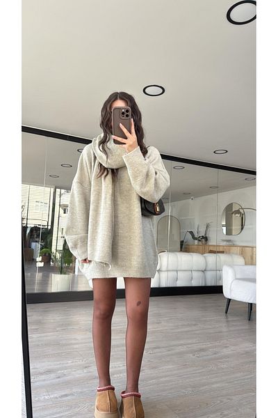 My Blog Pulover oversize cu eșarfă bej cu gât crew-25811