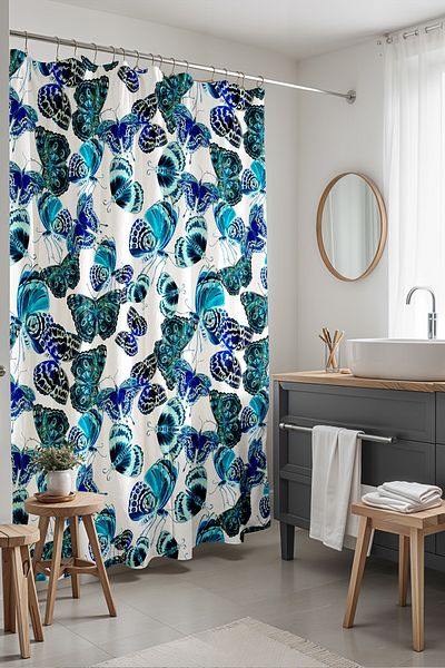 EVPANYA Perdeau de baie, perdea de duș cu model fluturi cer albastru, perdea pentru cadă 175x200cm