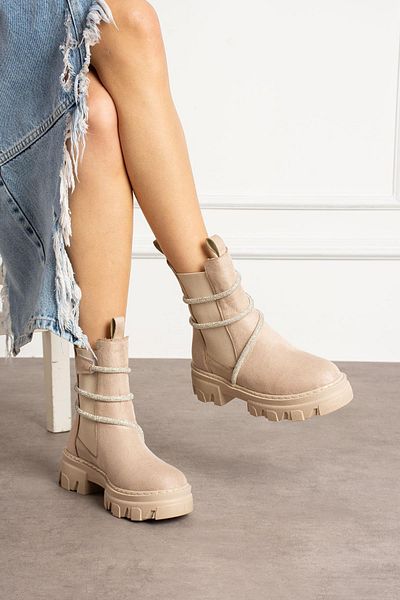 ShoeTek Γυναικείες Μπότες Beige Suede Fausta - Μπότες με τυλιγμένες πέτρες