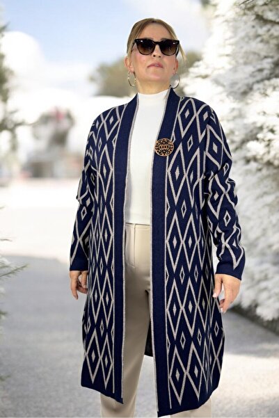 yagmurberen Baklava Patterned Broch Detailed Long Sleeve Shal Collar Large Size Knitting Cardigan