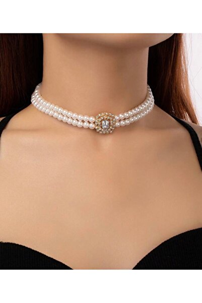 Manu Collection Kadın gold Choker model inci kolye kenarları taşlı