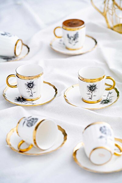 ACAR Melody 6 Kişilik Porselen Kahve Fincanı Takımı 90 ml 5142 Gold Model-2