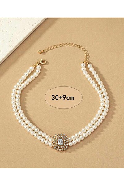 Manu Collection Kadın gold Choker model inci kolye kenarları taşlı