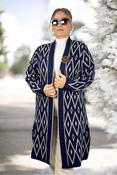 yagmurberen Baklava Patterned Broch Detailed Long Sleeve Shal Collar Large Size Knitting Cardigan