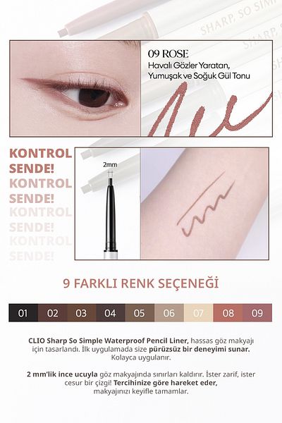 CLIO Clio Şarp so Simple Waterproof Fine Point Eye Liner - Waterproof Pencil Liner (009 Rose)