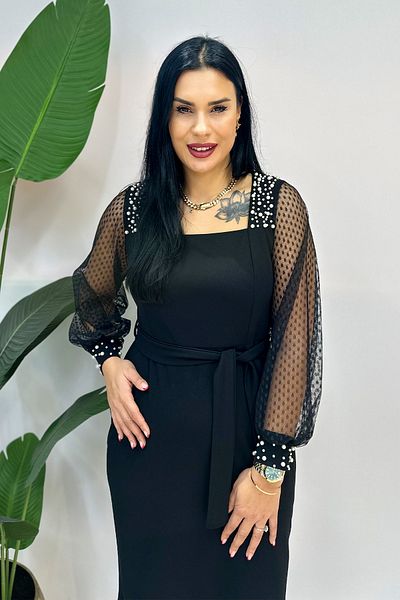 GÖKSEL Plus Size Dress with Tulle Sleeves Pearls - Black