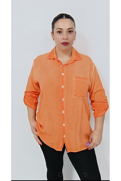 AKŞEN GİYİM Büyük Beden Gömlek Yaka Yıkamalı Organik Pamuk Viskon Tek Cepli U...
