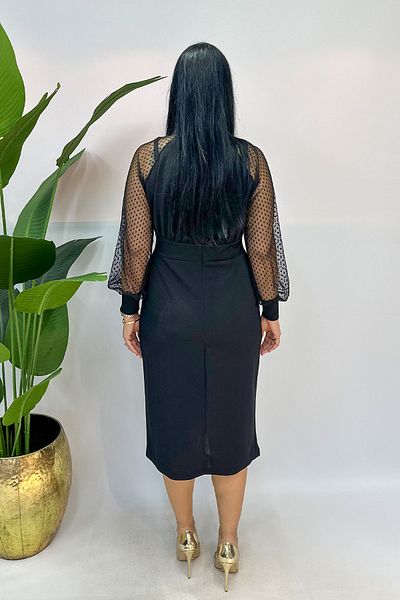 GÖKSEL Plus Size Dress with Tulle Leather Sleeves and Throat - Black
