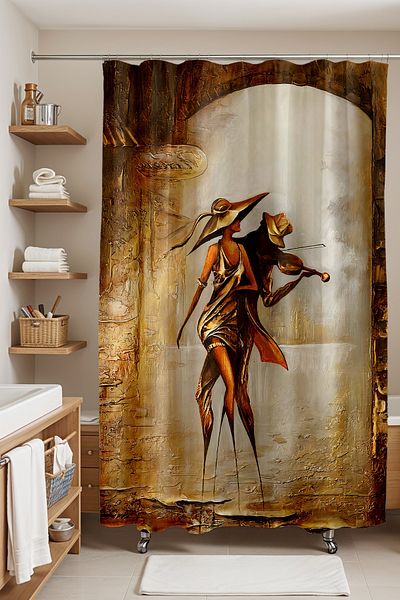 EVPANYA ستارة الحمام، ستارة حمام منقوشة باللون الأسود من Lady Violinist، ستارة حوض الاستحمام مقاس 175 × 200 سم