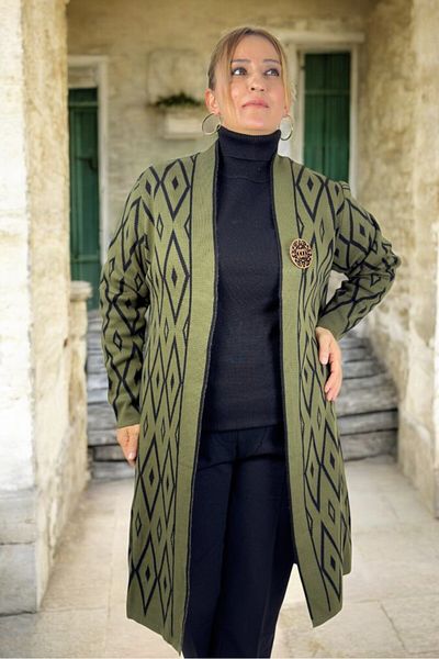 yagmurberen Baklava Patterned Broch Detailed Long Sleeve Shal Collar Large Size Knitting Cardigan