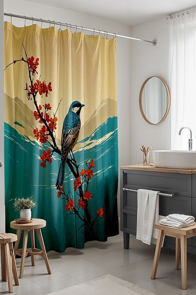 EVPANYA Perdeau de baie, perdea de duș cu model Bohemian Sparrow pe ramură, perdea pentru cadă 175x200cm