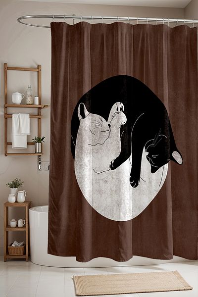 EVPANYA Κουρτίνα μπάνιου Bohemian Style με μοτίβο λευκής γάτας, κουρτίνα μπανιέρας 175x200 cm