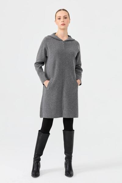 Desen Triko Kadın Kapüşonlu Fermuarlı Basic Uzun Yün Hırka Füme