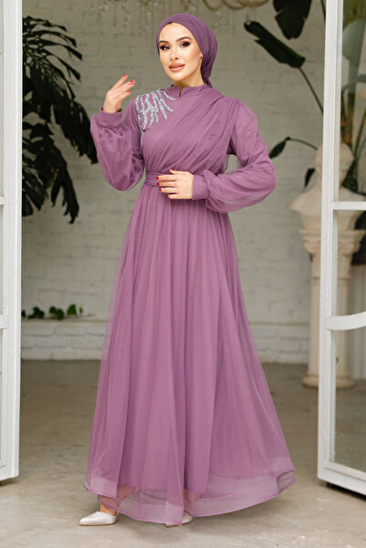 Nursima 6348 Stone Detailed Belted Grain Tulle Fabric, Lined Hijab Evening Dress