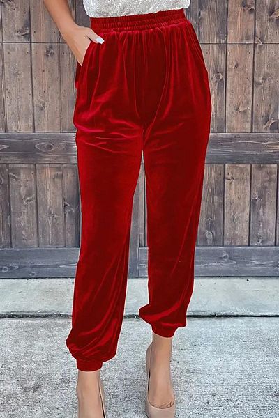 Deafox Pantaloni de damă din catifea cu talie elastică cu talie înaltă