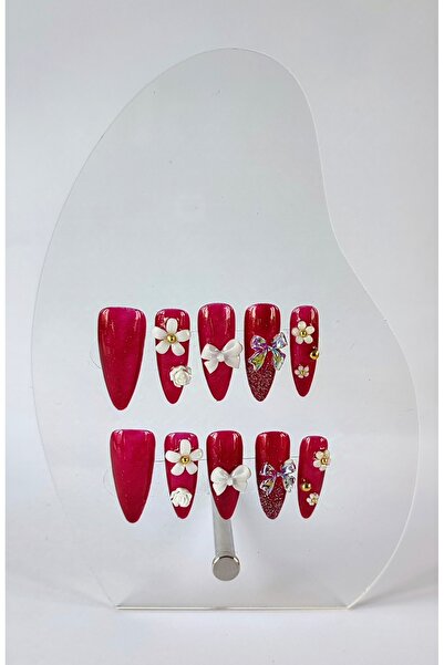 PİRAYE AKSESUAR 10'lu Bordo Işıltılı Papatya Charmlı Homemade Orta Stiletto M...