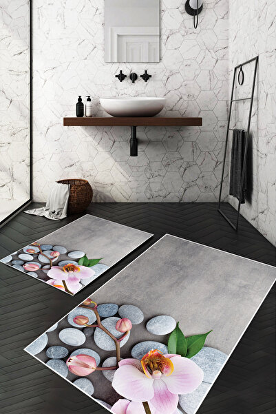 Carmine Carpet مجموعة من سجادات الحمام المطبوعة الرقمية القابلة للغسل بنمط حجري ومضادة للانزلاق مكونة من قطعتين
