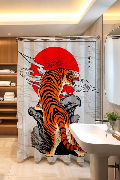 EVPANYA Bohe Ayır με σχέδιο Tiger στο φεγγάρι, 175x200cm Κουρτίνα μπάνιου και κουρτίνα μπανιέρας
