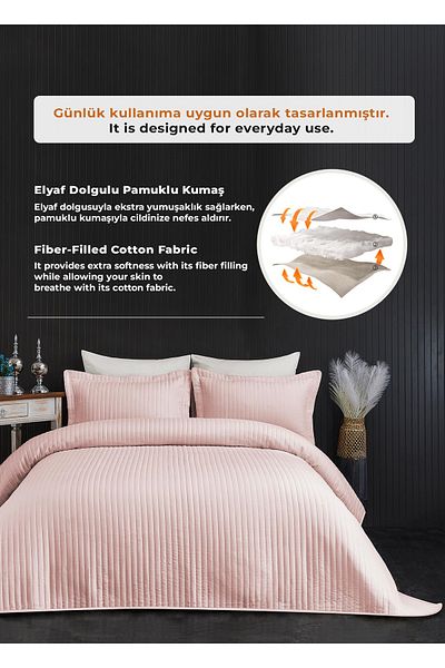 Evlen Home Collection Judy Cotton Bedspread - Double Striped, Casual Plain Powder Set