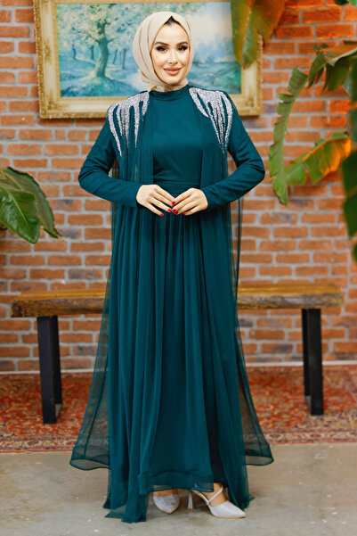 Nursima 6370 Taş İşlemeli Tül Gren Etek Kemerli Tesettür Abiye Elbise