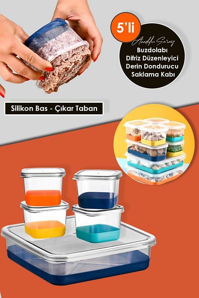 Anadolu Saray 5 Pcs Silicone Based Press Release Refrigerator Freeze Deep Freezer Organizer Storage Container Set