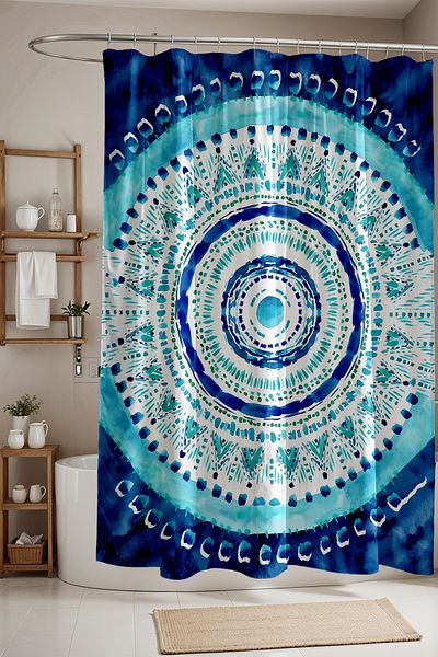 EVPANYA Perdeau de duș cu tranziție în acuarelă albastru bleumarin etnic 175x200cm