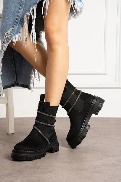 ShoeTek Fausta Black Suede Γυναικείες Μπότες - Μπότες με περιτύλιγμα και πέτρες