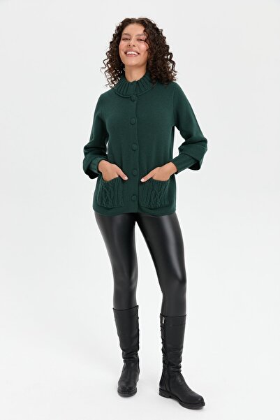 Desen Triko Πράσινο γυναικείο μάλλινο μπουφάν - γιακάς, μανίκι τριών τετάρτων